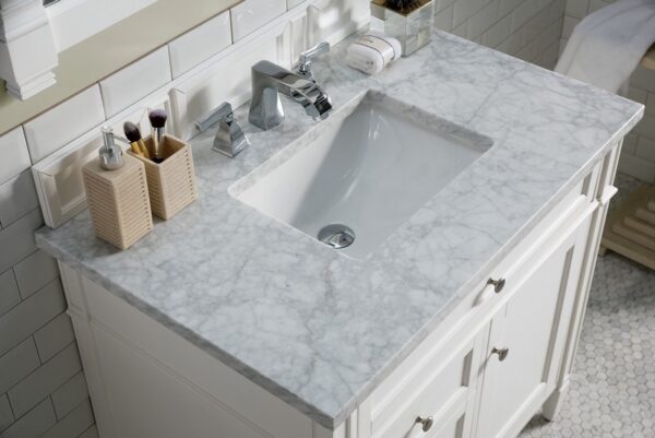 James Martin 650-V36-BW-3CAR Brittany 36 Inch Bright White Single Vanity with 3 cm Carrara Marble Top