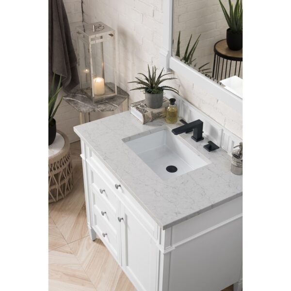 James Martin 650-V36-BW-3EJP Brittany 36 Inch Bright White Single Vanity with 3 cm Eternal Jasmine Pearl Quartz Top with Sink