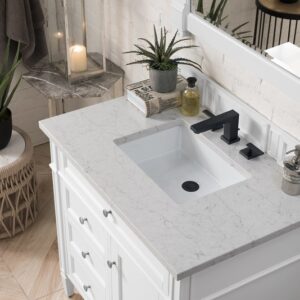 James Martin 650-V36-BW-3EJP Brittany 36 Inch Bright White Single Vanity with 3 cm Eternal Jasmine Pearl Quartz Top with Sink