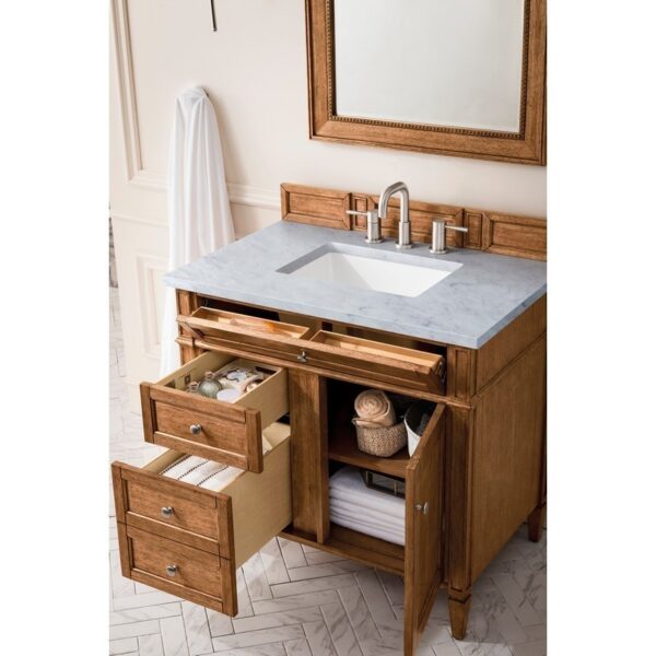 James Martin 650-V36-SBR-3CAR Brittany 36 Inch Saddle Brown Single Vanity with 3 CM Carrara Marble Top