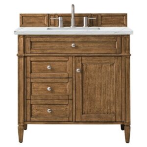 James Martin 650-V36-SBR-3ENC Brittany 36 Inch Single Vanity Cabinet with Ethereal Noctis Quartz Top - Saddle Brown