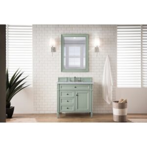 James Martin 650-V36-SGR-3AF Brittany 36 Inch Sage Green Single Vanity with 3 CM Arctic Fall Solid Surface Top