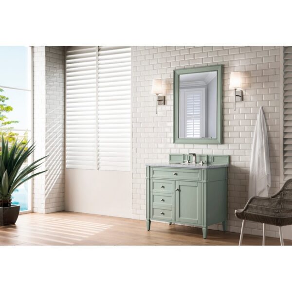 James Martin 650-V36-SGR-3AF Brittany 36 Inch Sage Green Single Vanity with 3 CM Arctic Fall Solid Surface Top