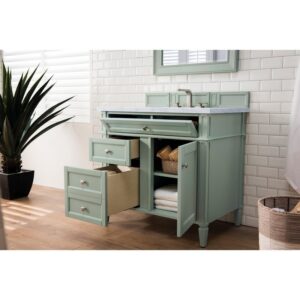 James Martin 650-V36-SGR-3AF Brittany 36 Inch Sage Green Single Vanity with 3 CM Arctic Fall Solid Surface Top