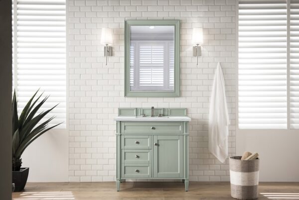 James Martin 650-V36-SGR-3ENC Brittany 36 Inch Single Vanity Cabinet with Ethereal Noctis Quartz Top - Sage Green