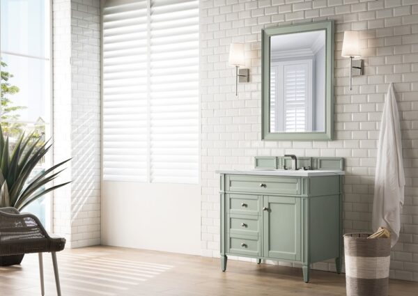 James Martin 650-V36-SGR-3ENC Brittany 36 Inch Single Vanity Cabinet with Ethereal Noctis Quartz Top - Sage Green