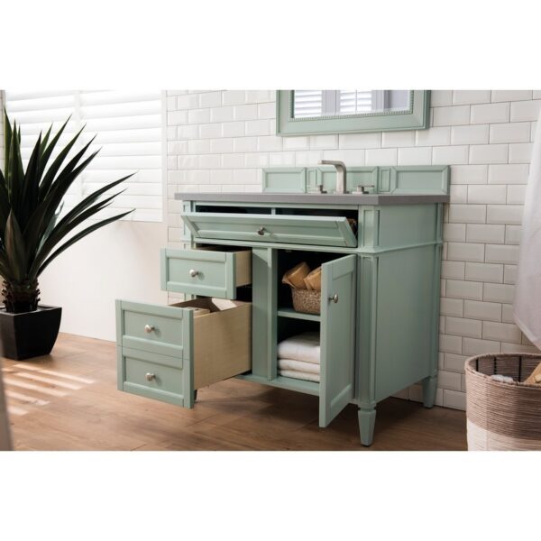 James Martin 650-V36-SGR-3GEX Brittany 36 Inch Sage Green Single Vanity with 3 CM Grey Expo Quartz Top