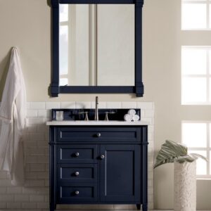 James Martin 650-V36-VBL-3AF Brittany 36 Inch Victory Blue Single Vanity with 3 cm Arctic Fall Solid Surface Top