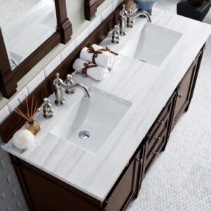 James Martin 650-V60D-BNM-3AF Brittany 60 Inch Burnished Mahogany Double Vanity with 3 cm Arctic Fall Solid Surface Top