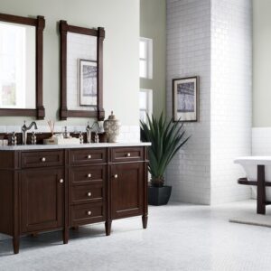 James Martin 650-V60D-BNM-3CAR Brittany 60 Inch Burnished Mahogany Double Vanity with 3 cm Carrara Marble Top