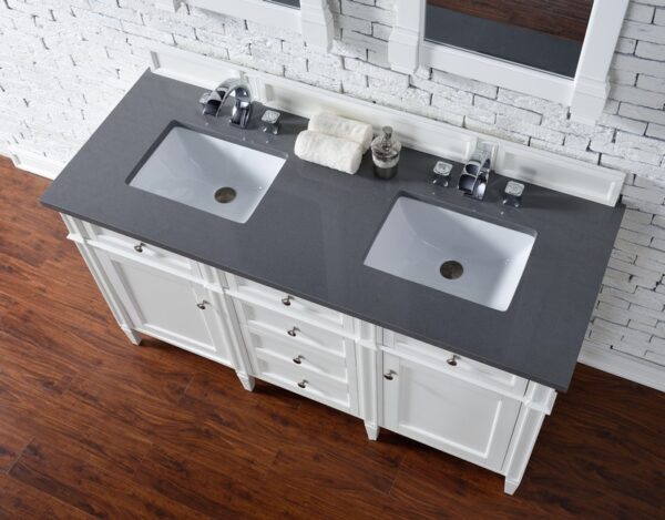 James Martin 650-V60D-BW-3CSP Brittany 60 Inch Bright White Double Vanity with 3 cm Charcoal Soapstone Quartz Top with Sink