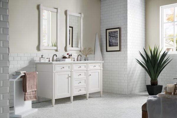 James Martin 650-V60D-BW-3ENC Brittany 60 Inch Double Vanity Cabinet with Ethereal Noctis Quartz Top - Bright White