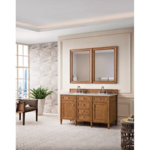 James Martin 650-V60D-SBR-3CAR Brittany 60 Inch Saddle Brown Double Vanity with 3 CM Carrara Marble Top