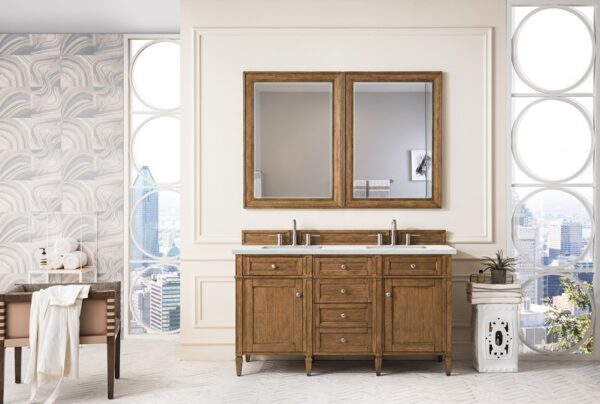 James Martin 650-V60D-SBR-3ENC Brittany 60 Inch Double Vanity Cabinet with Ethereal Noctis Quartz Top - Saddle Brown