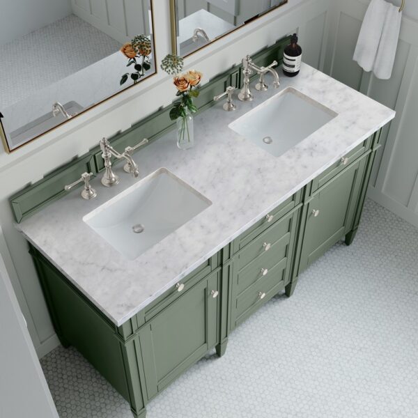 James Martin 650-V60D-SC-3CAR Brittany 60 Inch Smokey Celadon Double Sink Vanity with 3 cm Carrara Marble Top