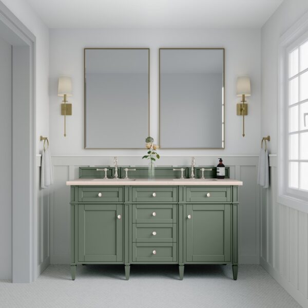 James Martin 650-V60D-SC-3EMR Brittany 60 Inch Smokey Celadon Double Sink Vanity with 3 cm Eternal Marfil Top