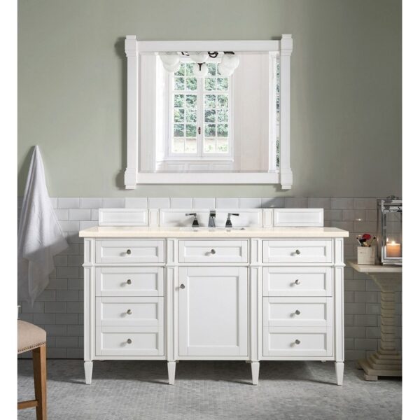 James Martin 650-V60S-BW-3EMR Brittany 60 Inch Bright White Single Vanity with 3 CM Eternal Marfil Quartz Top