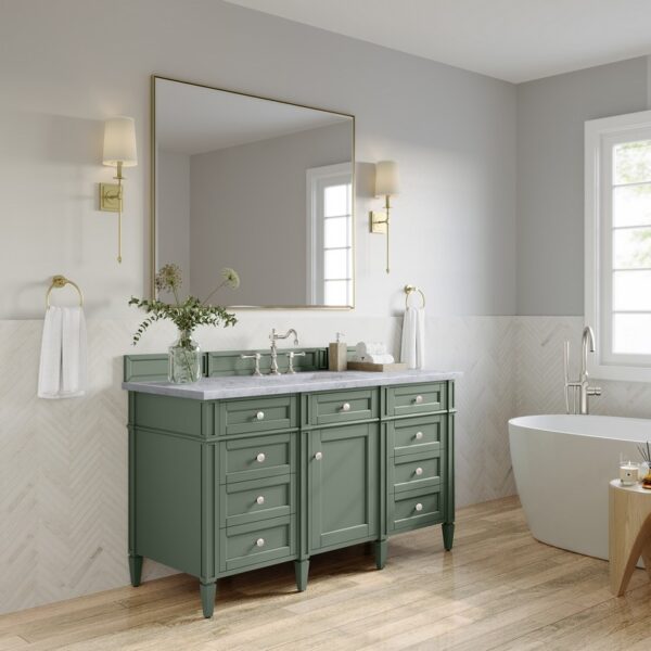 James Martin 650-V60S-SC-3CAR Brittany 60 Inch Smokey Celadon Single Sink Vanity with 3 cm Carrara Marble Top