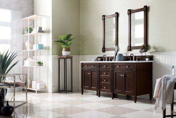 James Martin 650-V72-BNM-3CAR Brittany 72 Inch Burnished Mahogany Double Vanity with 3 cm Carrara Marble Top