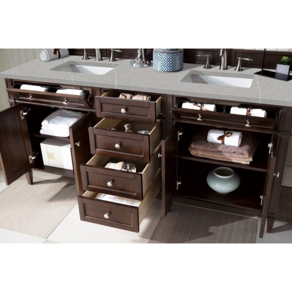 James Martin 650-V72-BNM-3ESR Brittany 72 Inch Burnished Mahogany Double Vanity with 3 CM Eternal Serena Quartz Top