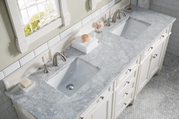 James Martin 650-V72-BW-3CAR Brittany 72 Inch Bright White Double Vanity with 3 cm Carrara Marble Top