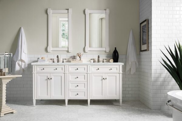 James Martin 650-V72-BW-3ENC Brittany 72 Inch Double Vanity Cabinet with Ethereal Noctis Quartz Top - Bright White