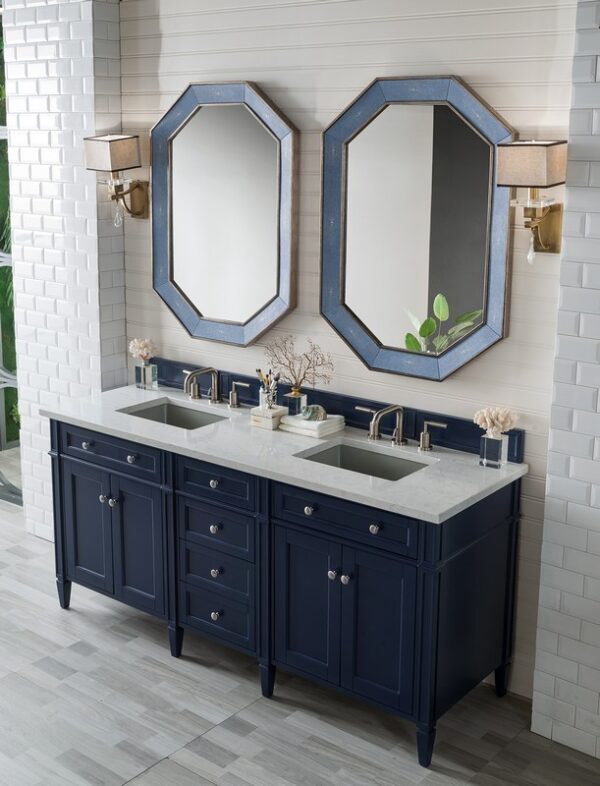 James Martin 650-V72-VBL-3EJP Brittany 72 Inch Victory Blue Double Vanity with 3 cm Eternal Jasmine Pearl Quartz Top with Sink