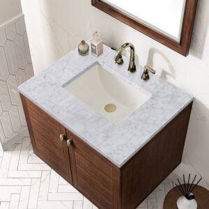 James Martin 670-V30-WLT-3CAR Amberly 30 Inch Mid-Century Walnut Single Sink Vanity with 3 cm Carrara Marble Top