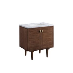 James Martin 670-V30-WLT-3CAR Amberly 30 Inch Mid-Century Walnut Single Sink Vanity with 3 cm Carrara Marble Top