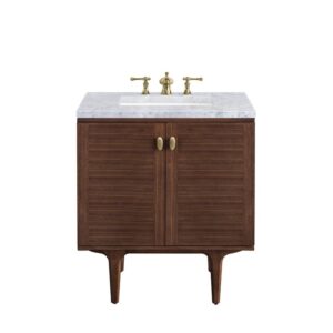 James Martin 670-V30-WLT-3CAR Amberly 30 Inch Mid-Century Walnut Single Sink Vanity with 3 cm Carrara Marble Top