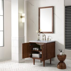 James Martin 670-V30-WLT-3CAR Amberly 30 Inch Mid-Century Walnut Single Sink Vanity with 3 cm Carrara Marble Top