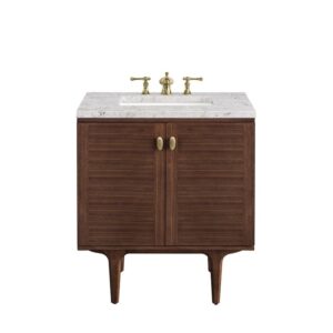 James Martin 670-V30-WLT-3EJP Amberly 30 Inch Mid-Century Walnut Single Sink Vanity with 3 cm Eternal Jasmine Pearl Top