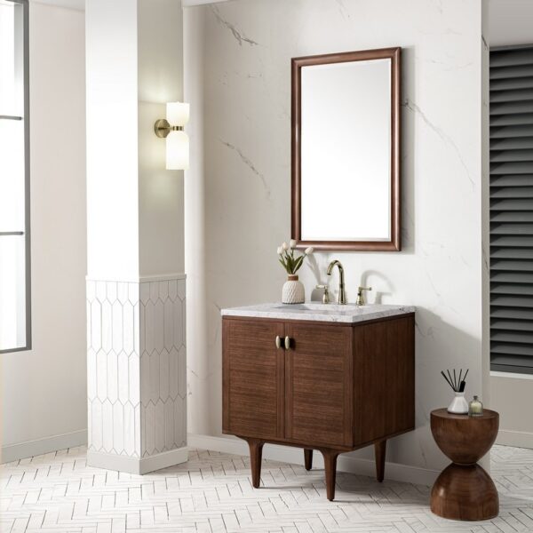 James Martin 670-V30-WLT-3EJP Amberly 30 Inch Mid-Century Walnut Single Sink Vanity with 3 cm Eternal Jasmine Pearl Top