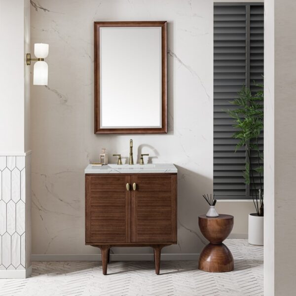 James Martin 670-V30-WLT-3ENC Amberly 30 Inch Mid-Century Walnut Single Sink Vanity with 3 cm Ethereal Noctis Top