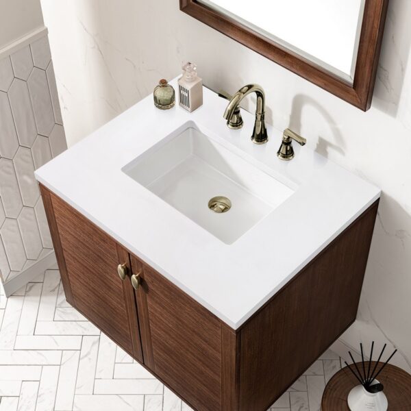 James Martin 670-V30-WLT-3WZ Amberly 30 Inch Single Vanity in Mid-Century Walnut with 3cm White Zeus Top