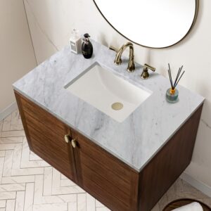 James Martin 670-V36-WLT-3CAR Amberly 36 Inch Mid-Century Walnut Single Sink Vanity with 3 cm Carrara Marble Top