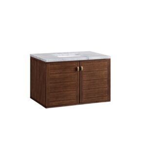 James Martin 670-V36-WLT-3CAR Amberly 36 Inch Mid-Century Walnut Single Sink Vanity with 3 cm Carrara Marble Top