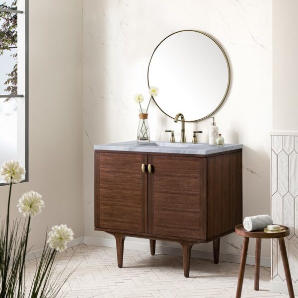 James Martin 670-V36-WLT-3CAR Amberly 36 Inch Mid-Century Walnut Single Sink Vanity with 3 cm Carrara Marble Top