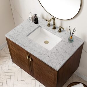 James Martin 670-V36-WLT-3EJP Amberly 36 Inch Mid-Century Walnut Single Sink Vanity with 3 cm Eternal Jasmine Pearl Top