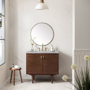 James Martin 670-V36-WLT-3EJP Amberly 36 Inch Mid-Century Walnut Single Sink Vanity with 3 cm Eternal Jasmine Pearl Top