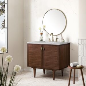 James Martin 670-V36-WLT-3EJP Amberly 36 Inch Mid-Century Walnut Single Sink Vanity with 3 cm Eternal Jasmine Pearl Top