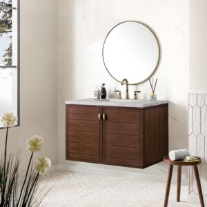 James Martin 670-V36-WLT-3EJP Amberly 36 Inch Mid-Century Walnut Single Sink Vanity with 3 cm Eternal Jasmine Pearl Top