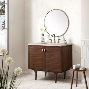 James Martin 670-V36-WLT-3EMR Amberly 36 Inch Mid-Century Walnut Single Sink Vanity with 3 cm Eternal Marfil Top