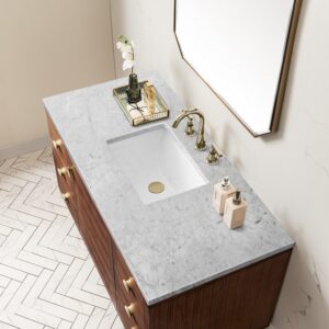 James Martin 670-V48-WLT-3CAR Amberly 48 Inch Mid-Century Walnut Single Sink Vanity with 3 cm Carrara Marble Top