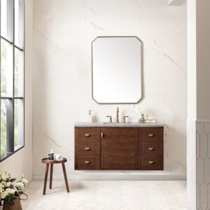 James Martin 670-V48-WLT-3EJP Amberly 48 Inch Mid-Century Walnut Single Sink Vanity with 3 cm Eternal Jasmine Pearl Top