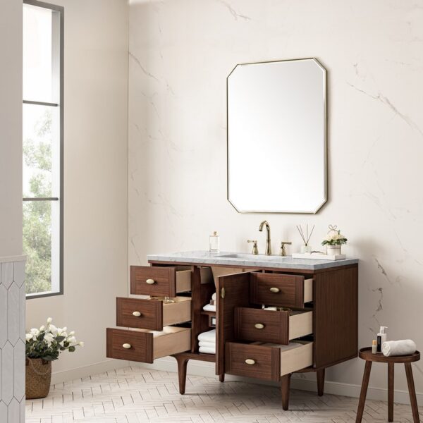 James Martin 670-V48-WLT-3EJP Amberly 48 Inch Mid-Century Walnut Single Sink Vanity with 3 cm Eternal Jasmine Pearl Top