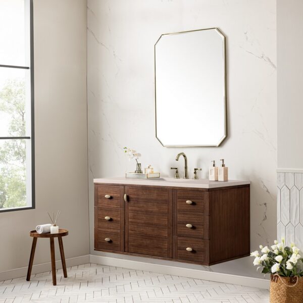 James Martin 670-V48-WLT-3EMR Amberly 48 Inch Mid-Century Walnut Single Sink Vanity with 3 cm Eternal Marfil Top