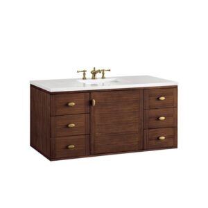 James Martin 670-V48-WLT-3WZ Amberly 48 Inch Single Vanity in Mid-Century Walnut with 3cm White Zeus Top