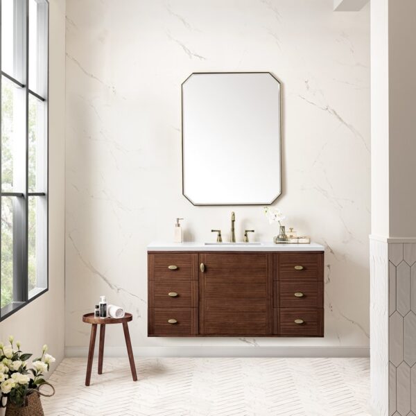 James Martin 670-V48-WLT-3WZ Amberly 48 Inch Single Vanity in Mid-Century Walnut with 3cm White Zeus Top