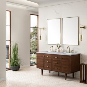 James Martin 670-V60D-WLT-3AF Amberly 60 Inch Mid-Century Walnut Double Sink Vanity with 3 cm Arctic Fall Top